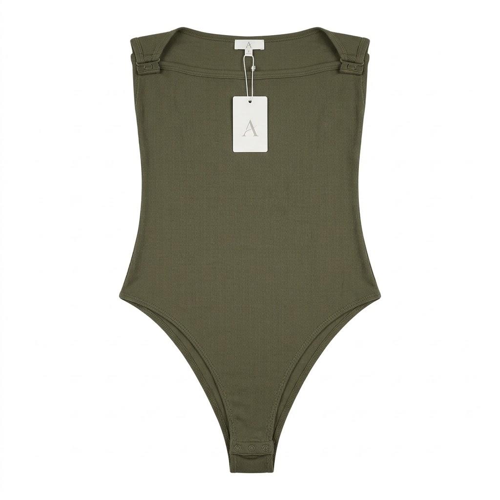 ANRABESS Women Bodysuits Square Neck Spaghetti Straps Sleeveless Cami Top Summer Backless Ribbed Knit Basic Body Suits Army Green Medium