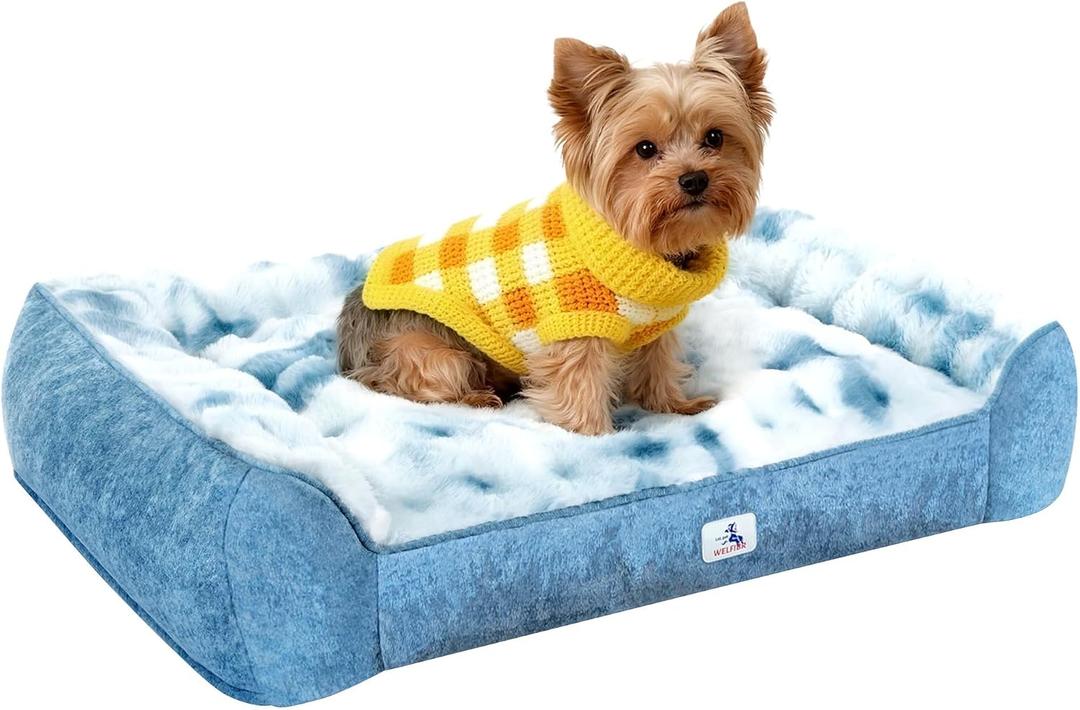 Dog Bed with Shredded Foam Filling, 35" *25" Calming Pet Sofa with Removable Washable Cover, Soft Faux Fur Bolster Couch for Dogs, Anti-Slip Bottom (Tie-Dyed Blue, Small)