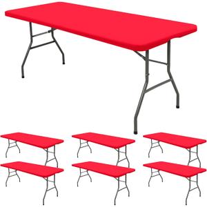 6 Pack Stretch Fabric Table Top Cap Cover, fits 6' Tables, Spandex Table Covers Washable Elastic Universal Rectangle Tablecloth Protector for Indoor Outdoor Party Picnic Wedding, Red, 30" W x 72" L
