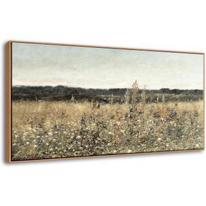 DJSYLIFE Framed Vintage Wall Art, Extra Large Wildflower Fields Canvas Wall Art, Classical Flowers Landscape Painting Prints, Country Farmhouse Living Room Decor, Modern Home Bedroom Decor 24x48inch (Champ fleuri 02)