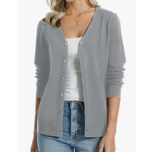 QUALFORT Women's 100% Cotton Lightweight Cardigans Long Sleeve Knitted Button Down Sweater, M