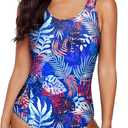 Aleumdr Womens Color Block Print One Piece Swimsuits Athletic Training Swimwear Bathing Suits (Small, Floral Blue)