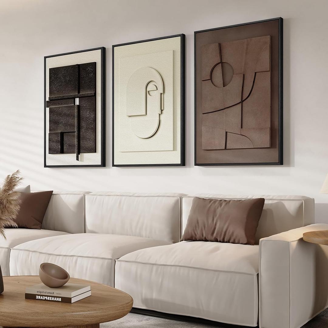 3D Textured Framed Abstract Wall Art, 3 Piece Modern Paintings Artwork for Walls, Black White Brown Geometric Sandstone Texture Pictures for Living Room Dining Room Bedroom Office Wall Decor 16x24 In, 16"W x 24"H x 3Pcs