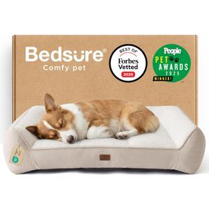 Bedsure SupportMax Orthopedic Dog Bed Medium Size Dog - Extra Thick Supportive Medium Dogs Beds with Waterproof Washable Cover, Comfort Pet Bed Sofa with Soft Sherpa and Nonskid Bottom, Beige, 35" (Cream)