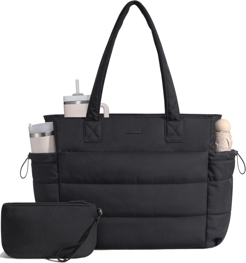 LOVEVOOK Tote Bag for Women with Giant Tumbler Holder Pocket, Puffer Work Travel Laptop Handbag with Zipper for Nurse Teacher (M-15.6 Inch, Black)
