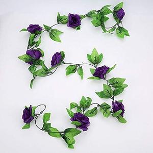 Sunnyskar 2.4m / 94.5 Inch Artificial Silk Rose Flower Ivy Vine Leaf Garland Wedding Party Home Decor Rose Flower Art - (Color: Plum)
