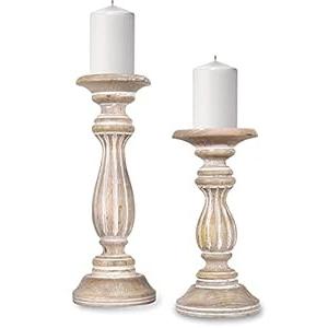 Mela Artisans Whitewashed Hand Carved Wooden Pillar Candle Holders - Set of 2 | Hana Decorative Style | Crafted from Mango Wood | Rustic Table Centerpiece Decor | Sized 9" and 12"