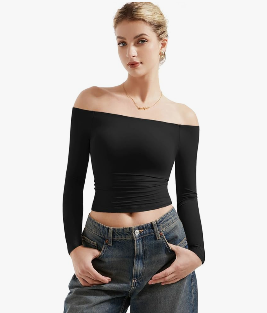 SUUKSESS Women Off Shoulder Double Lined Long Sleeve Shirts Basic Going Out Tops S