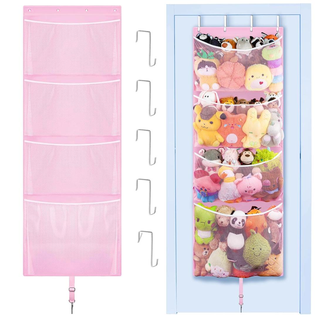 Hanging Stuffed Animal Storage, Over Door Large Plush Toy Organizer with Metal Hook, Baby Accessory Holder Idea for Nursery, Doll & Bear Mesh Hammock Bag for Girl Boy Kid Room (Pink)
