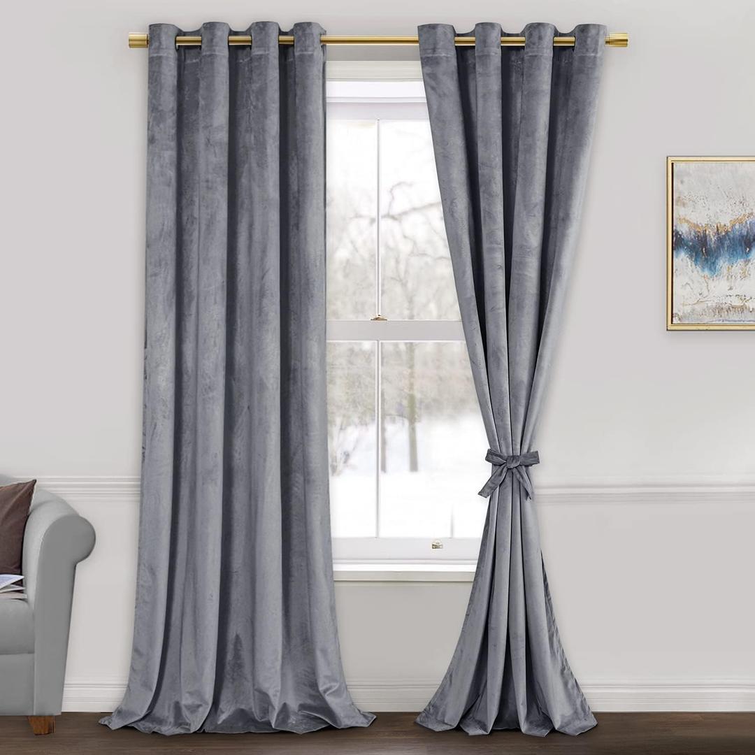 JIUZHEN Grey Velvet Curtains 90 inches for Living Room - Thermal Insualted Room Darkening Grommet Thick Velvet Window Drapes for Bedroom/Dining Room, Set of 2 with Tiebacks, 52W x 90L