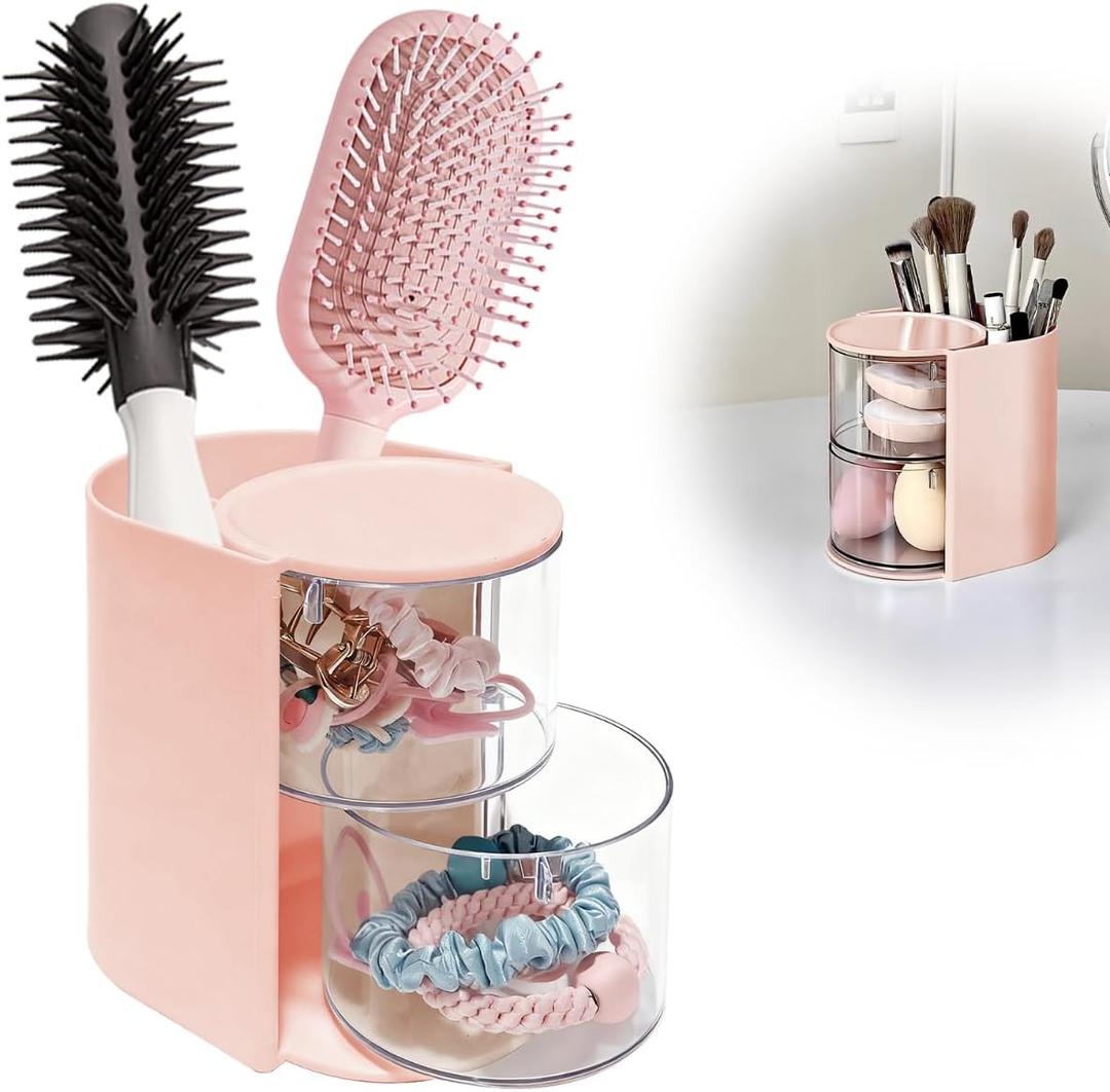 Hair Accessory Organizer & hair brush organizer 2-Layer Clear Hair Accessories Organizer Rotatable Small Jewelry Box for Clip Earring Necklaces The Latest Gift for A Girl Hair Accessories Organizer (Pink)