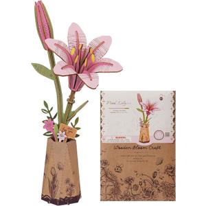 3D Flower Wooden Puzzles for Adults-Pink Lily, DIY Wooden Flowers Model Kit Building Set Crafts for Adults to Build, Botanical Collection/Ideal Creative Gift Ideas/Housewarming (73PCS)