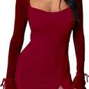 Kaximil Women's Sexy Bodycon Mesh Long Sleeve Square Neck Slit Party Short Mini Dress (Wine Red) S