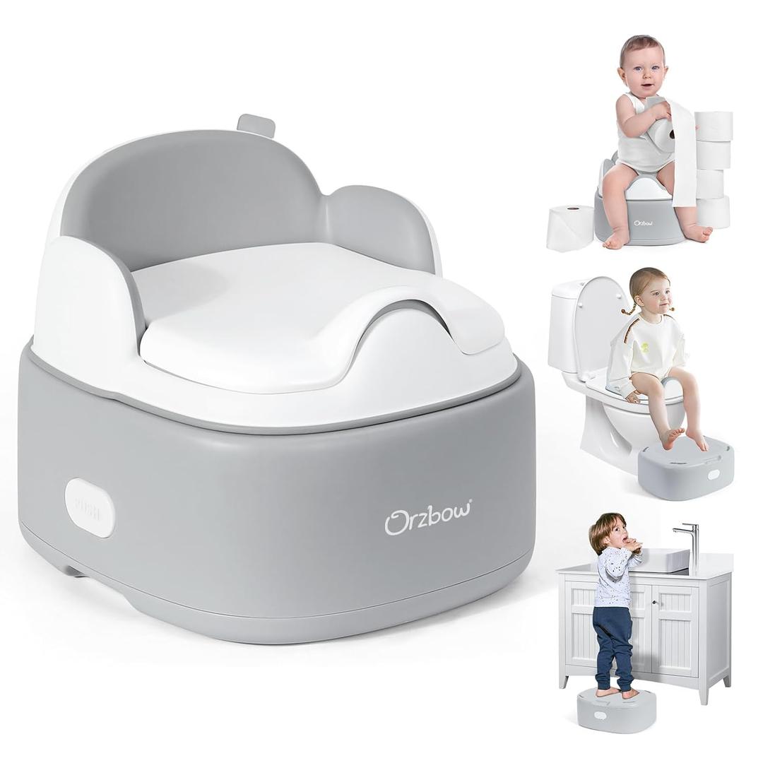 Orzbow 3-in-1 Toddler Potty Training Toilet | Baby Potty Chair, Toilet Topper Training Seat and Step Stool for Boys and Girls, Easy-to-Clean with Splash Guard and Lid, Grey (Gray)