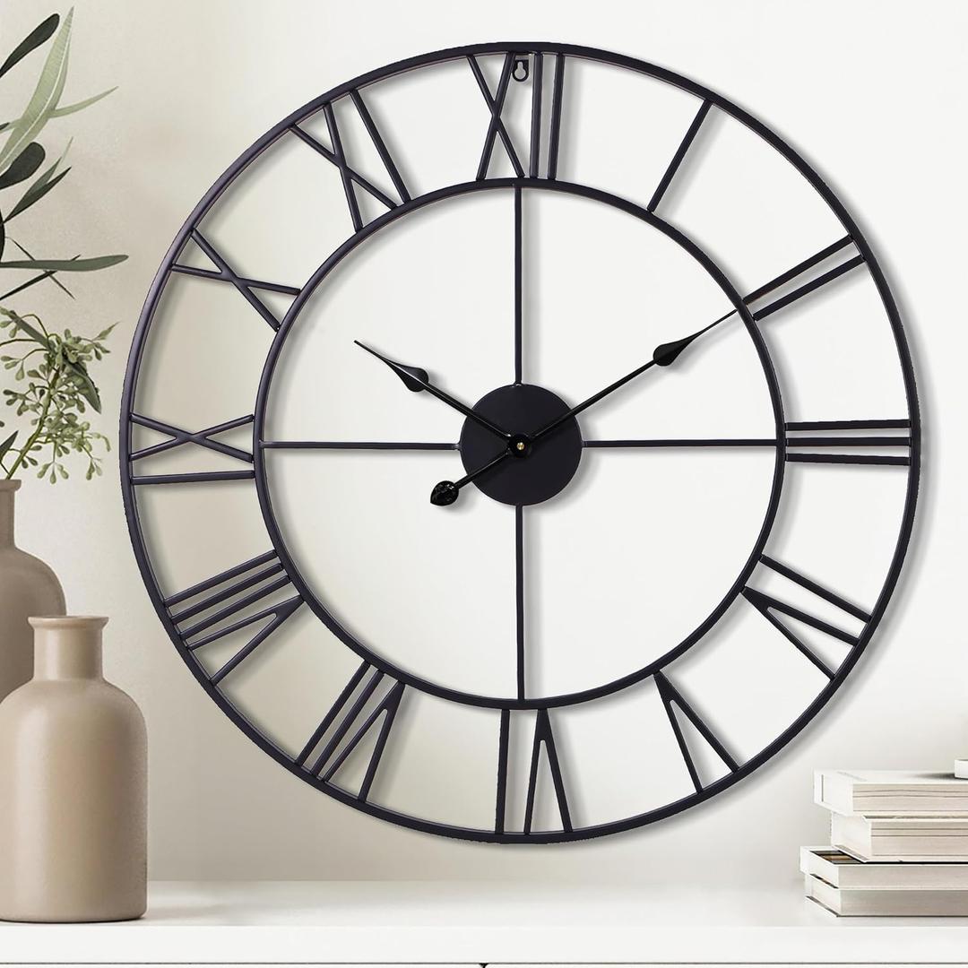 30 Inch Wall Clock Decorative, Oversized Large Black Metal Roman Numeral Silent Wall Clocks for Modern Farmhouse Living Room Decor