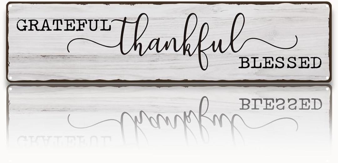 Grateful Thankful Blessed Sign, Retro Metal Tin Sign, Farmhouse Family Wall Decor, Wall Art Decor Iron Poster, For Home Living Room Dining Room Kitchen 15.8x4 Inch