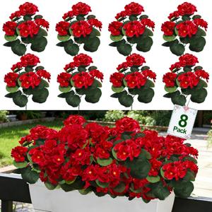 8 Bundles Artificial Geraniums Flowers for Outdoors Summer Mother's Day Derby Day Decor, Fake Cemetery Flowers Silk Red Flower UV Resistant No Fade Faux Plant for Porch Garden Home Planter Patio Decor