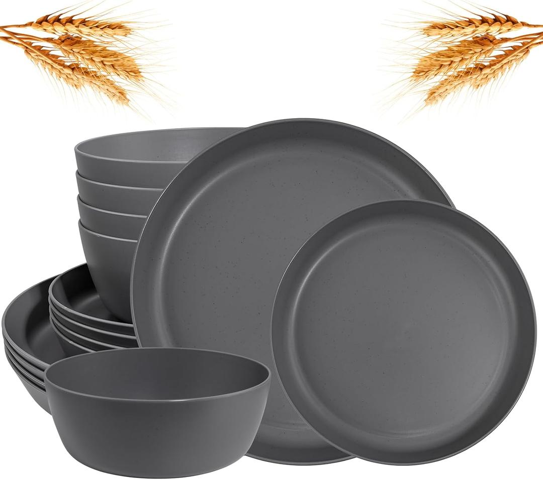 EI 12pcs Wheat Straw Dinnerware Set of 4,Kitchen Plates and Bowls,Reuasble Plates,Unbreakable Dinner Plate,Hard Premium Plastic Plate for Camping,Picninc,Halloween (Dark Grey Wheat Straw Plates and Bowls)