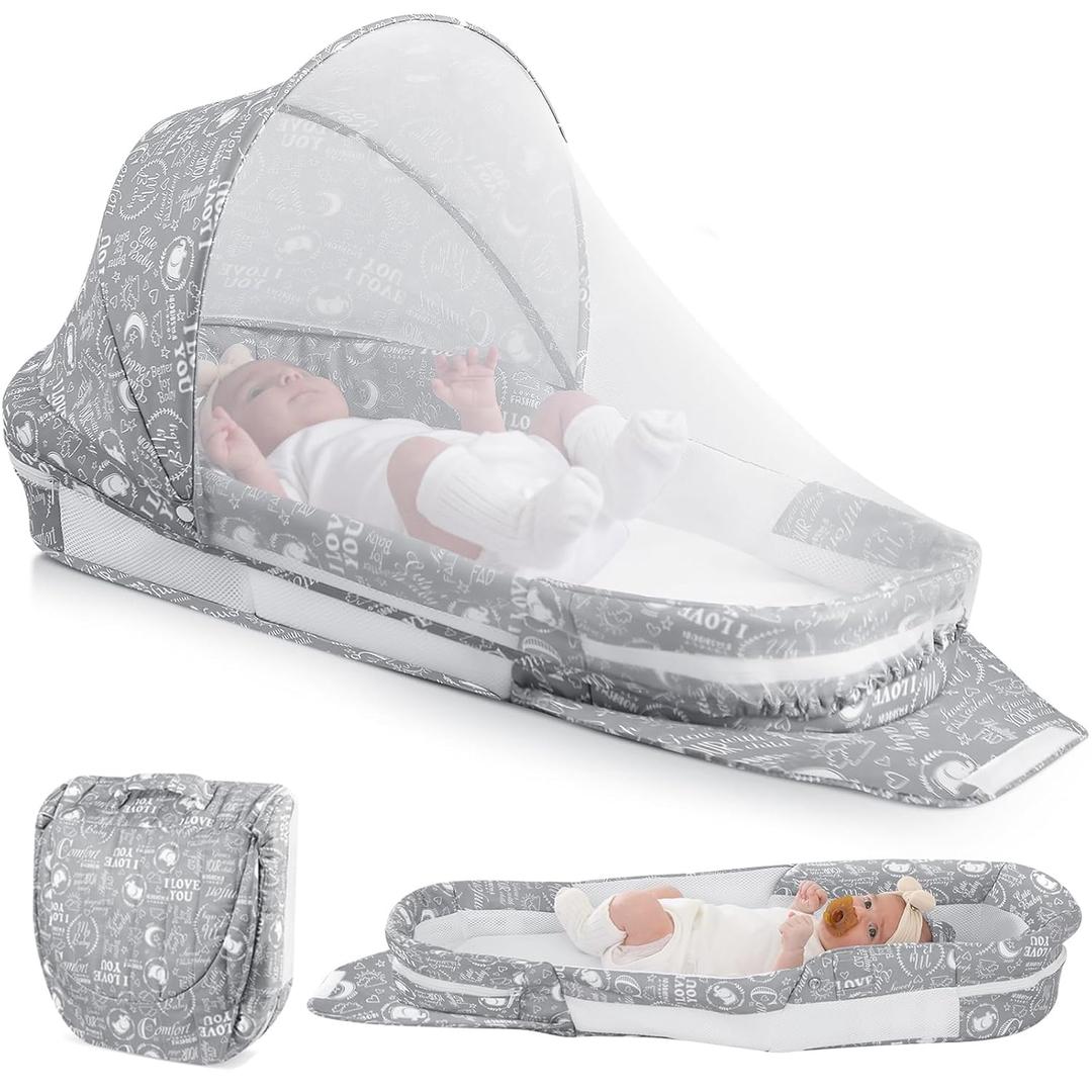 Portable Baby Lounger Bag, Foldabl Babies Nest with 2-in-1 Removable Mosquito Net, Infant Travel Nest Lounger, Easy Setup and Storage for Outdoors Indoors - Baby Registry(Gray)