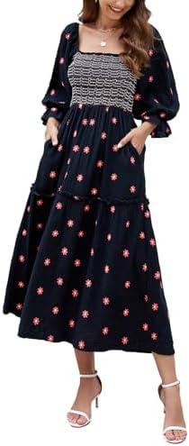 ABYOVRT Women Floral Embroidered Maxi Dress Long Puff Sleeve Square Neck Bohemian Flowy Dress with Pockets Summer Fall,S