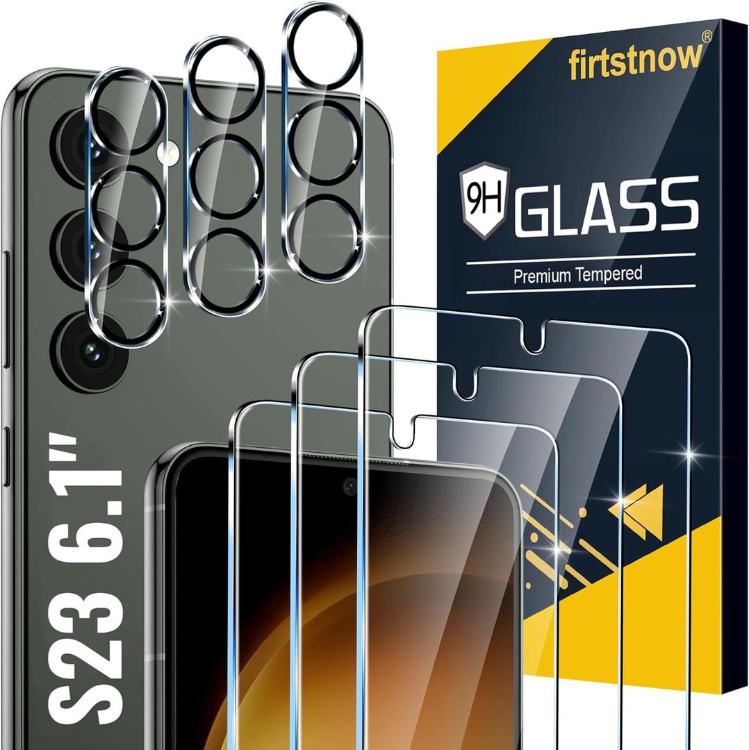 firtstnow 3 Pack for Samsung Galaxy S23 Screen Protector Tempered Glass + 3 Pack Camera Lens Protector, Military Grade Shatterproof, 9H Hardness, Fingerprint Unlock, HD Clear Case Friendly 6.1 Inch (Transparent)