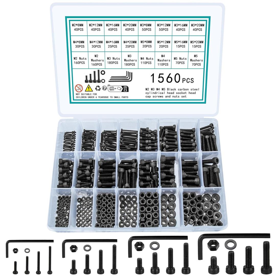 1560 Pcs M2 M3 M4 M5 Screws and Nuts, Assorted Bolts and Nuts Assortment, Hex Socket Head Cap Screws Bolts and Nuts Set, Black Metric Machine Screw Assortment Kit