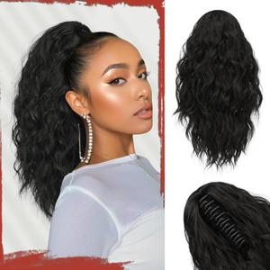 SOFEIYAN Ponytail Extension, 16 inch Claw Clip Ponytail Extension Wavy Curly Ponytails Synthetic Pony Tails Hair Extensions Natural Fake Hairpiece for Women - Black Brown