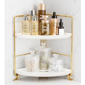 FSyueyun 2-Tier Corner Bathroom Counter Organizer, Tool-Less Installation Vanity Shelf Small Plastics Countertop Makeup Tray Skincare Perfume Organizers (Gold)