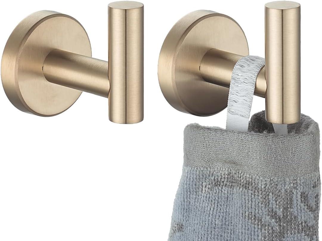 JQK Bathroom Towel Hook Champagne Bronze, Coat Robe Clothes Hook for Bathroom Wall Mounted (Pack of 2), SUS 304 Stainless Steel 0.8mm, TH100-CB-P2