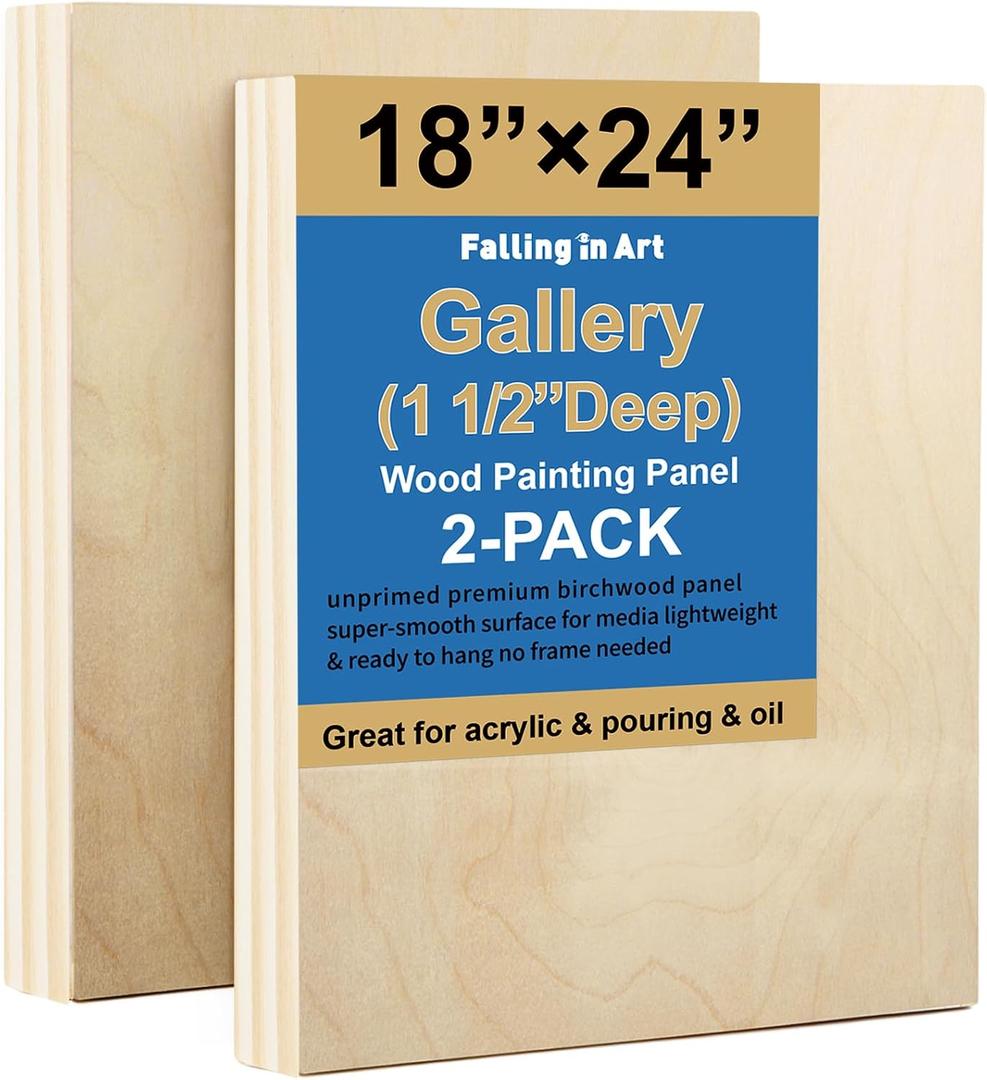 Falling in Art 2 Pack Unfinished Wooden Canvas Panels, 18x24 Gallery Birch Wood Panels Kit, 1 1/2" Deep Art Cradle Boards for Acrylic Painting, Pouring and Burning