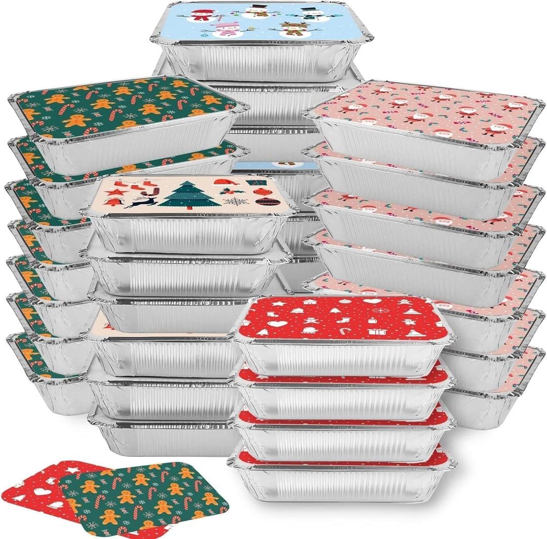 36 Pcs Christmas Foil Containers with Lid Covers, Winter Christmas Theme Disposable Aluminum Foil, Christmas Cookie Jars Baking Pan Cake Pan Food Foil Pans, Xmas Party Leftovers Food Storage Tin Pans