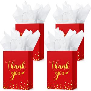 Tinlade 12 Pcs Thank You Gift Bags with Tissue Paper Gold Polka Dots Thank You Bags with Handle Party Favor for Wedding Birthday Baby Shower Business Shopping(Red)