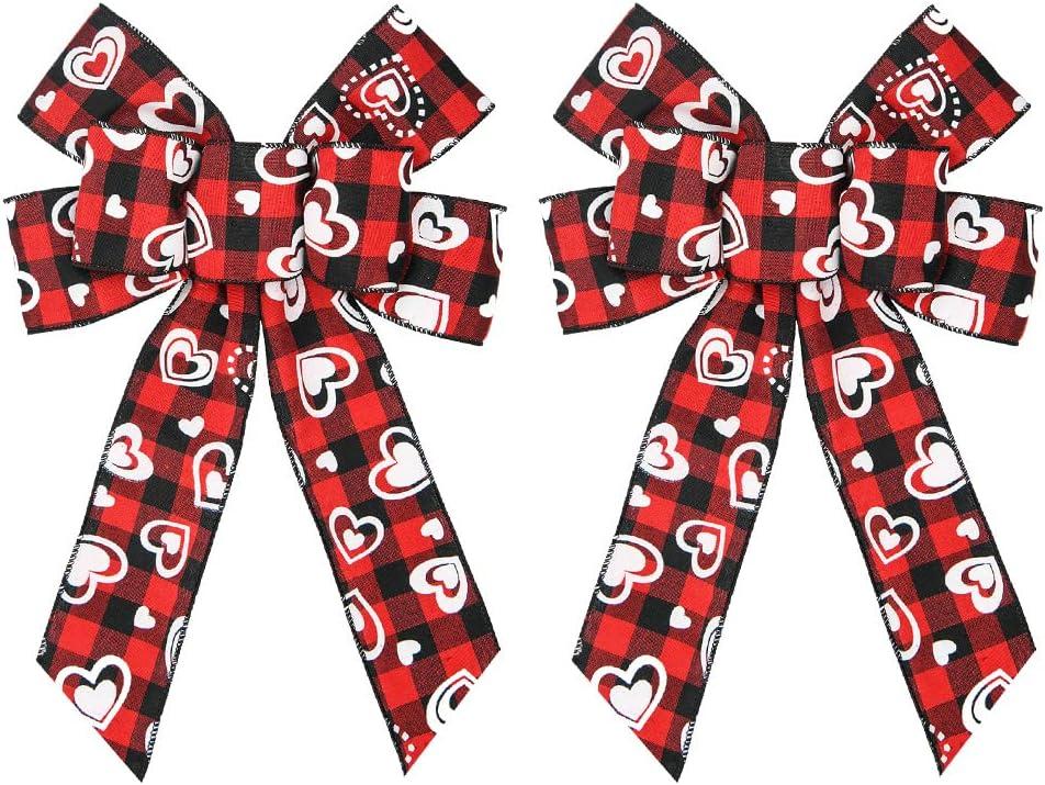 3 x Hying 2 PCS Valentine's Day Bows for Wreath, Valentines Wreath Bows Black Red Buffalo Plaid Bows Loving Heart Gift Bows Red Burlap Bows for Front Door Valentines Party Decorations