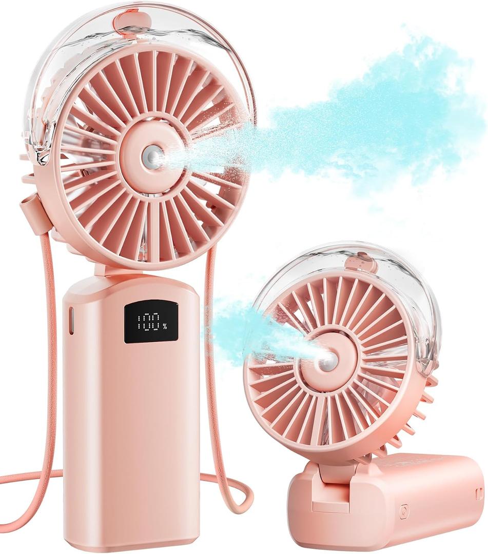 Gaiatop Portable Misting Fan, 180 Foldable Handheld, 3 Speeds USB Rechargeable, Spray Water Mist with LED Digital Display, Personal Cooling Mini Hand Fans for Travel, Hiking, Concert, Outdoor (Pink), Small