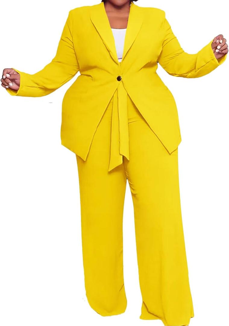 IyMoo Plus Size Suits for Women Business Open Front Long Sleeve Blazer Elastic Waist Solid Straight Leg Pant Set Suits (Yellow)