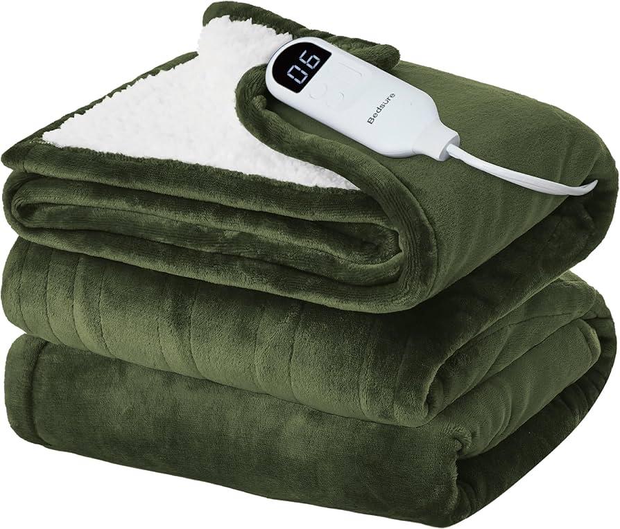 Heated Electric Blanket Queen Size - 84" x 90" Heating Blanket with Dual Control, 10 Heating Levels & 8 Hours Auto Off, Soft Warm Flannel Blanket, Christmas Birthday Gifts for Senior Grandma (Olive Green)
