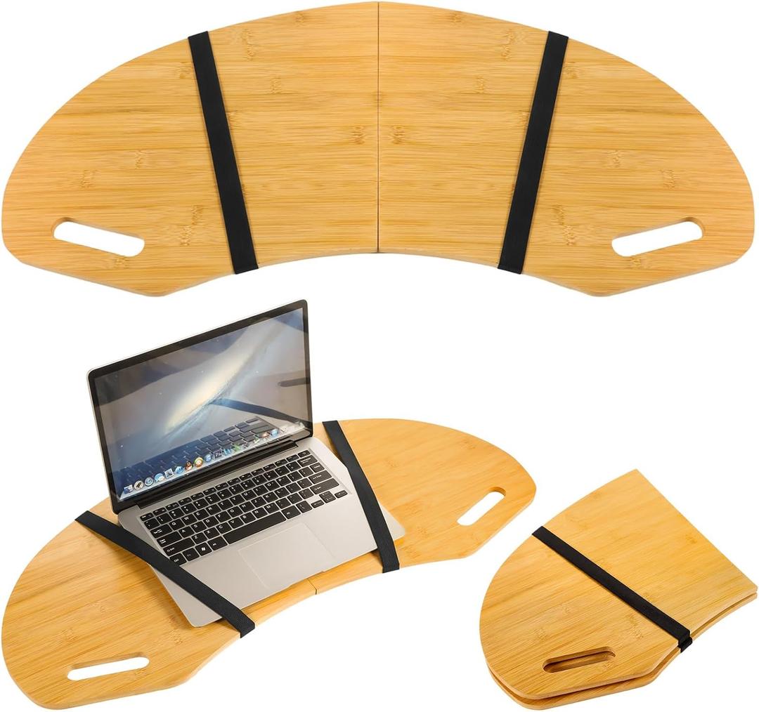 30.5" Wood Curved Lap Desk Table Tray with Handles Wooden Foldable Desk Wood Curved Bed Wooden Lap Board Keyboard Tray for Laptop Computer Mouse(Wood Color)
