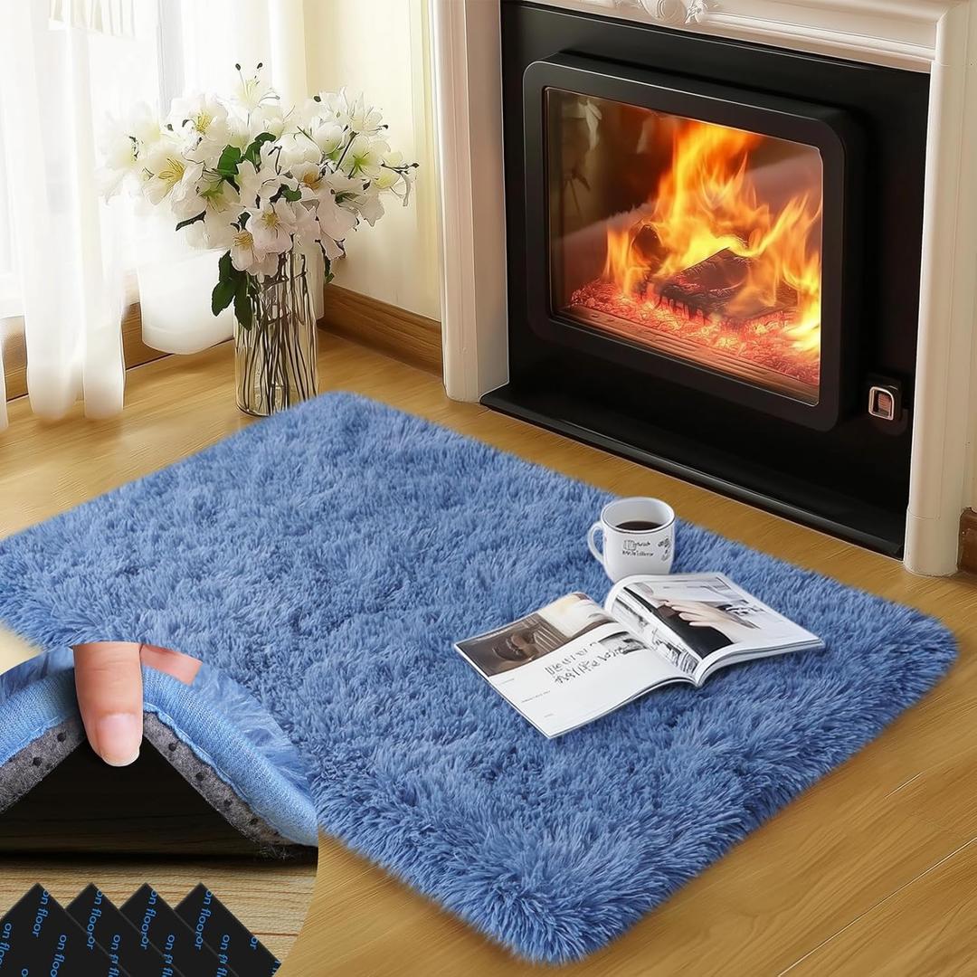 Blue Rug for Bedroom, 2x3 Fluffy Area Rugs for Living Room, Small Soft Shag Fuzzy Shaggy Carpets for Kids Boys and Girls Dorm with 4 Non-Slip Rug Tapes for Room Home Decor (2ft x 3ft, Blue)