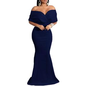 sexycherry Elegant Cocktail Dresses for Women Off Shoulder Dark Blue Cocktail Floor Length Prom Long Dress with Zipper for Evening Party(X-Large)