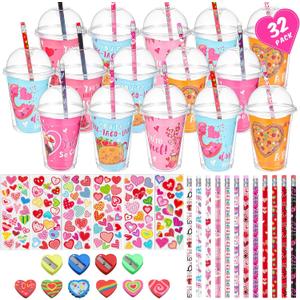 Pasimy 32 Set Valentine's Day Stationery Gift Valentine Classroom Exchange Gifts Include Cups Cards Pencils Stickers Erasers Stampers Sharpeners for Boy and Girl Prize Party Favor(Food)