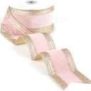 Pink and Champagne Gold Velvet Wired Ribbon 2.5" X 10 Yards Pink Velvet with Champagne Gold Glitter Border Stripe Christmas Ribbon for Tree, Wreath Supplies, Garlands Making