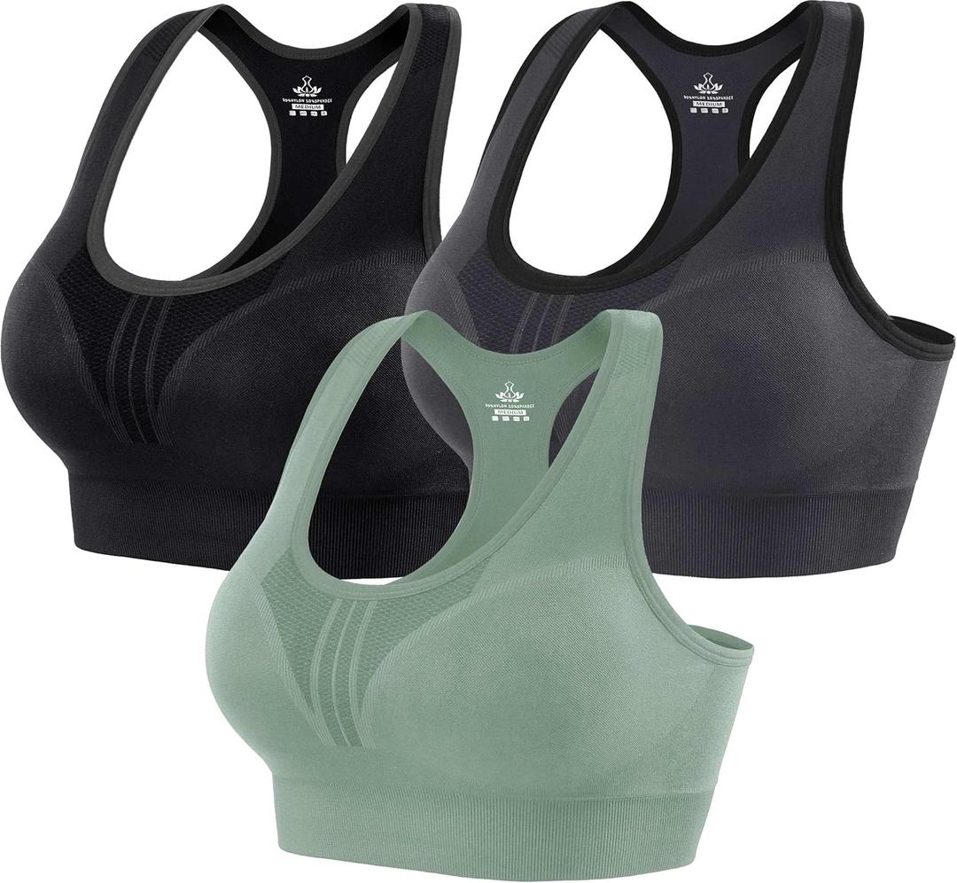 Heathyoga High Impact Sports Bras for Women High Support Padded Sports Bra Pack Racerback Bras for Women Workout Bra Sets (Medium, 3 Packs-black+grey+green)