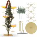 Christmas Cocktail Tree Stand with 3 Green Rattan and Bow, 3 Tier 12 Holders Gold Tree Tower Stand for Drink for Champagne Martini Cup for Xmas Wedding Bridal Showers Party