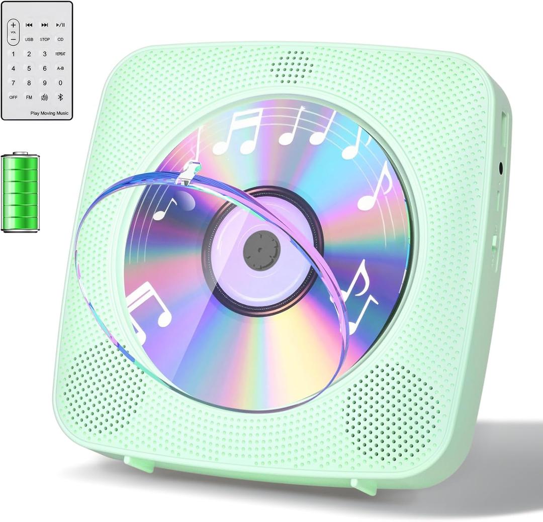 Gueray CD Player Portable with Bluetooth Wall Mountable, 1804mAh Rechargeable Battery Operated CD Music Players for Home Desk Built-in HiFi Speaker FM Radio,Gifts for Music Lovers (Green)