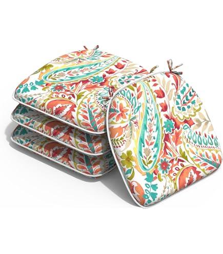 Set of 4 Outdoor Chair Cushions with Ties,Water Repellent Patio Chair Pads 17"x 16" for Outdoor Furniture,Round Corner Seat Cushions for Garden Yard Kitchen Pretty Paisley