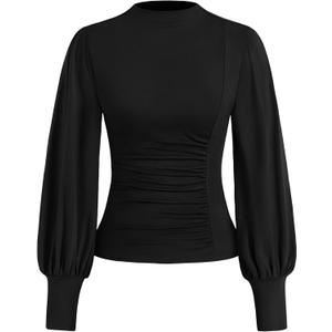 KIRUNDO Blouses for Women Dressy Casual 2026 Fall Ruched Puff Long Sleeve Shirts Mock Neck Underscrub Fitted Trendy Tops, XXL