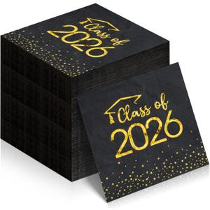 100Pcs Class of 2026 Graduation Napkins, Disposable Congrats Grad Paper Cocktail Napkins Square Foil Dot Hand Towels for 2026 School University College Graduation Party Decorations (Black and Gold