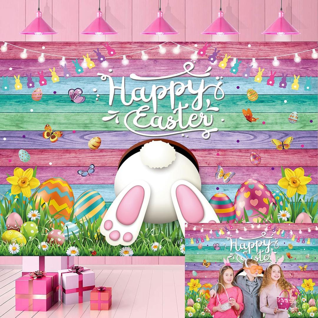 Happy Easter Backdrop Colorful Wood Wall Easter Bunny Colorful Eggs Photography Background Spring Baby Shower Newborn Kids Birthday Party Decor Photo Shoot Props 8x6FT