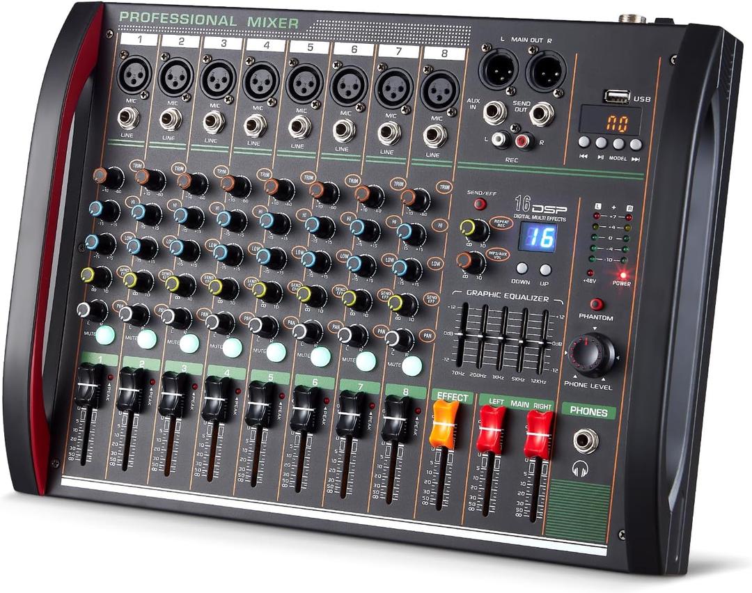 Audio Mixer 8 Channel, Professional Music Sound Mixer Board with 48V Phantom Power, Digital DJ Mixing Console with Reverb USB Port Bluetooth for Recording Karaoke Podcasting