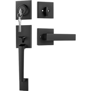 Goldenwarm Front Door Handle and Deadbolt Set, Black Front Door Lock Set with Reversible Handle Lever, Modern Front Door Hardware, Single Cylinder Front Door Entry Lock, Front Door Handles and Locks